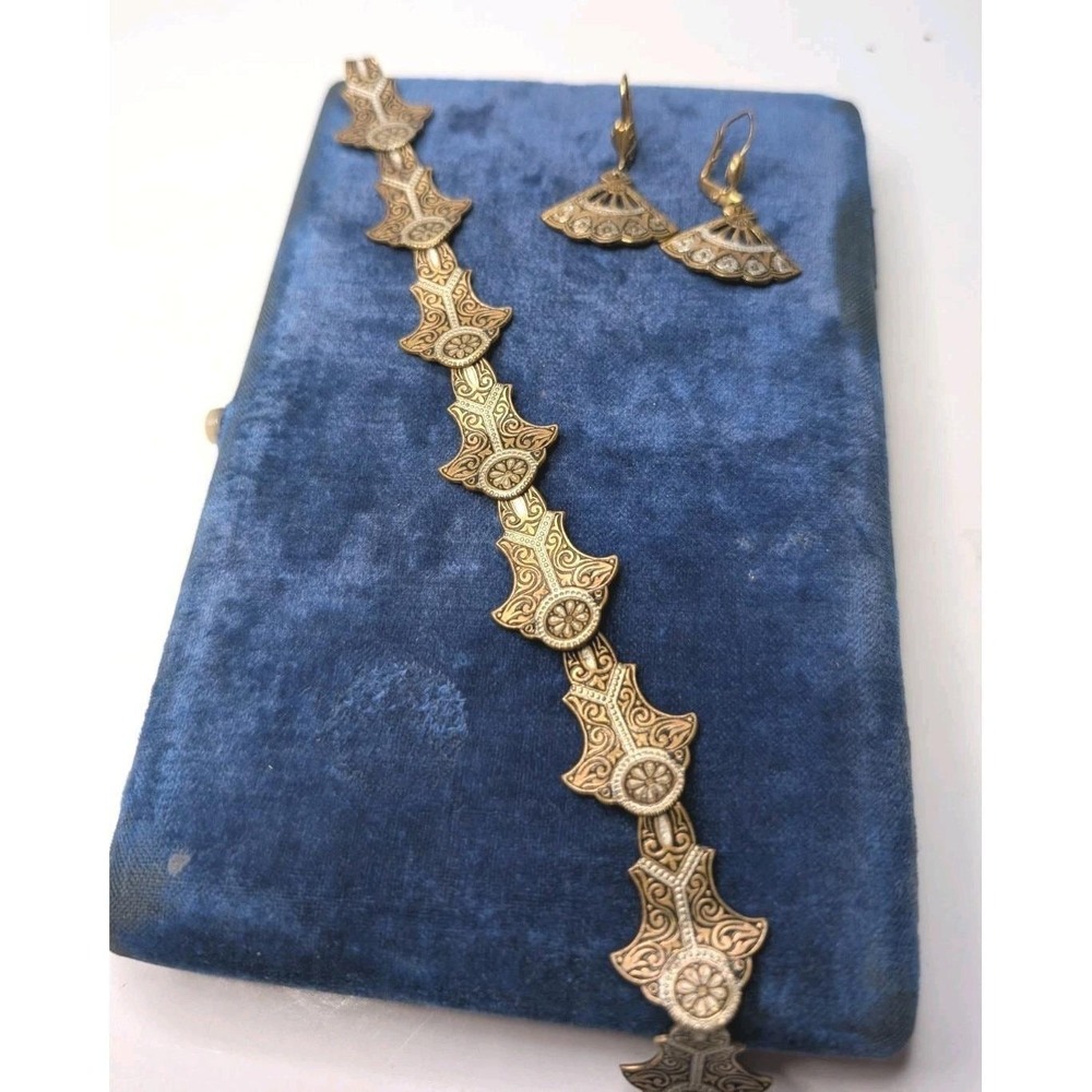 1950s Spanish Damascene Jewelry Set Bracelet And Earrings Etched Gold Silver